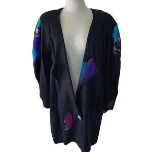 Vintage Womens Jacket Size Large Black Art To Wear Mixed Print Linen Blend